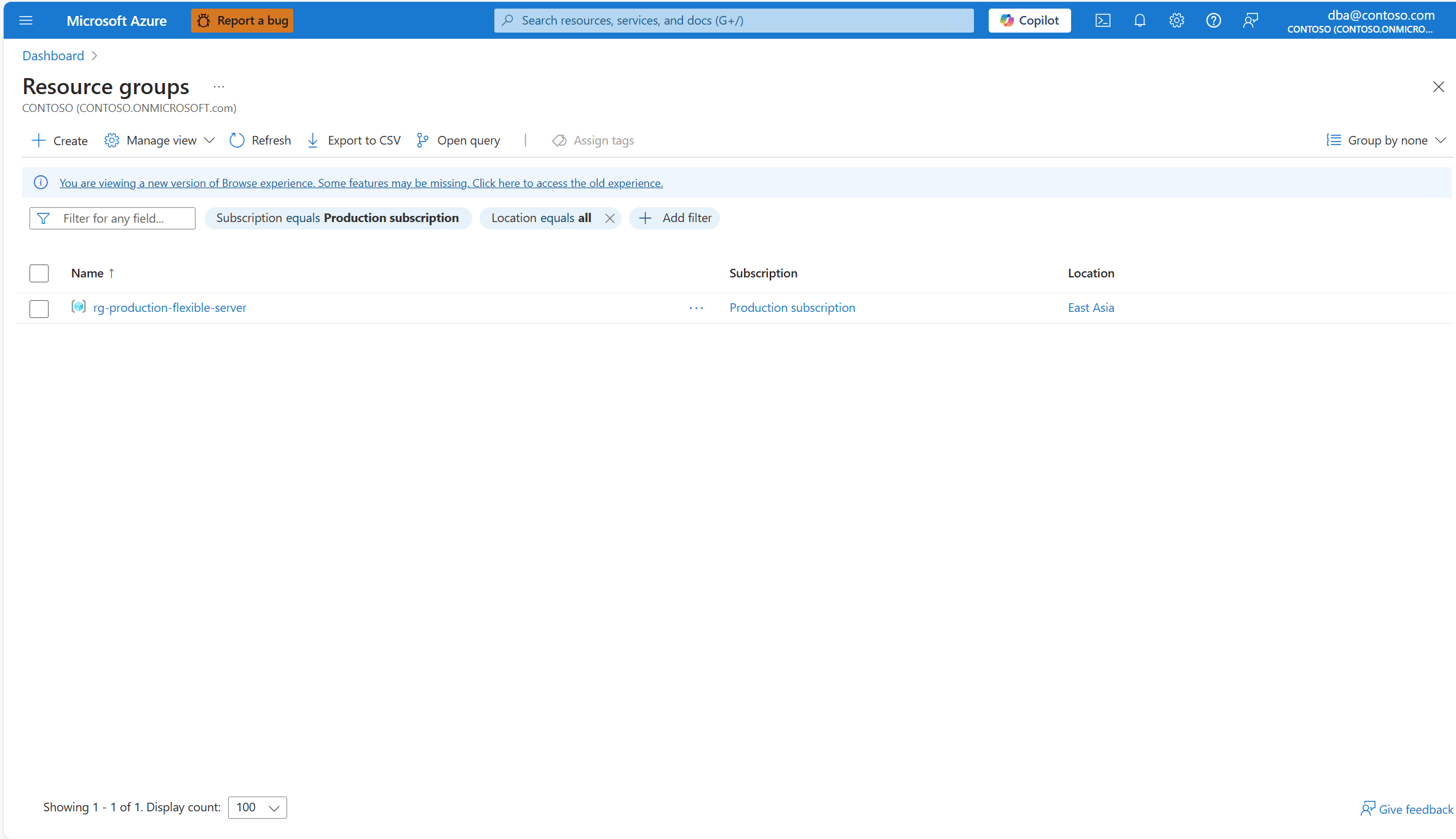 Capture d’écran qui montre comment sélectionner un groupe de ressources.