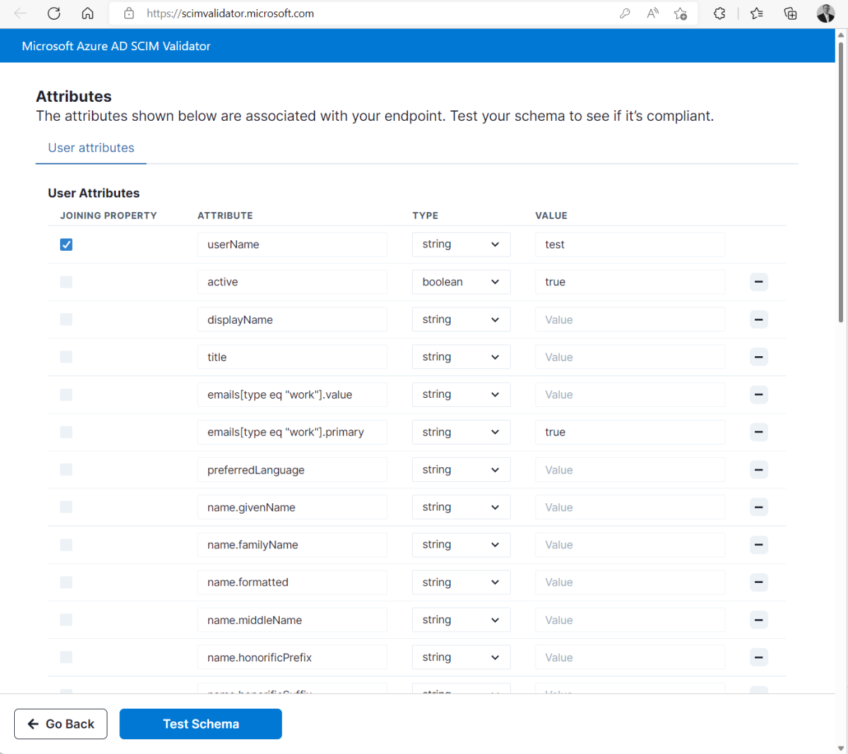 Screenshot of SCIM Validator attributes page.
