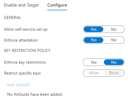 Capture d’écran des options de clé de sécurité FIDO2