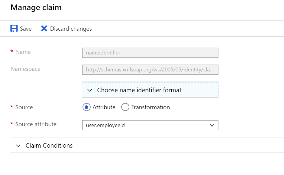 Capture d’écran de la modification de la valeur NameID (identificateur de nom) dans le Portail Azure.