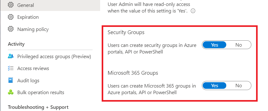 Capture d’écran montrant le changement de paramètre des groupes de sécurité Microsoft Entra.