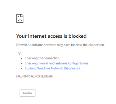 Capture d'écran du blocage de l'accès internet.