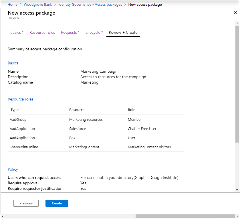 Screenshot that shows a summary of access package configuration.