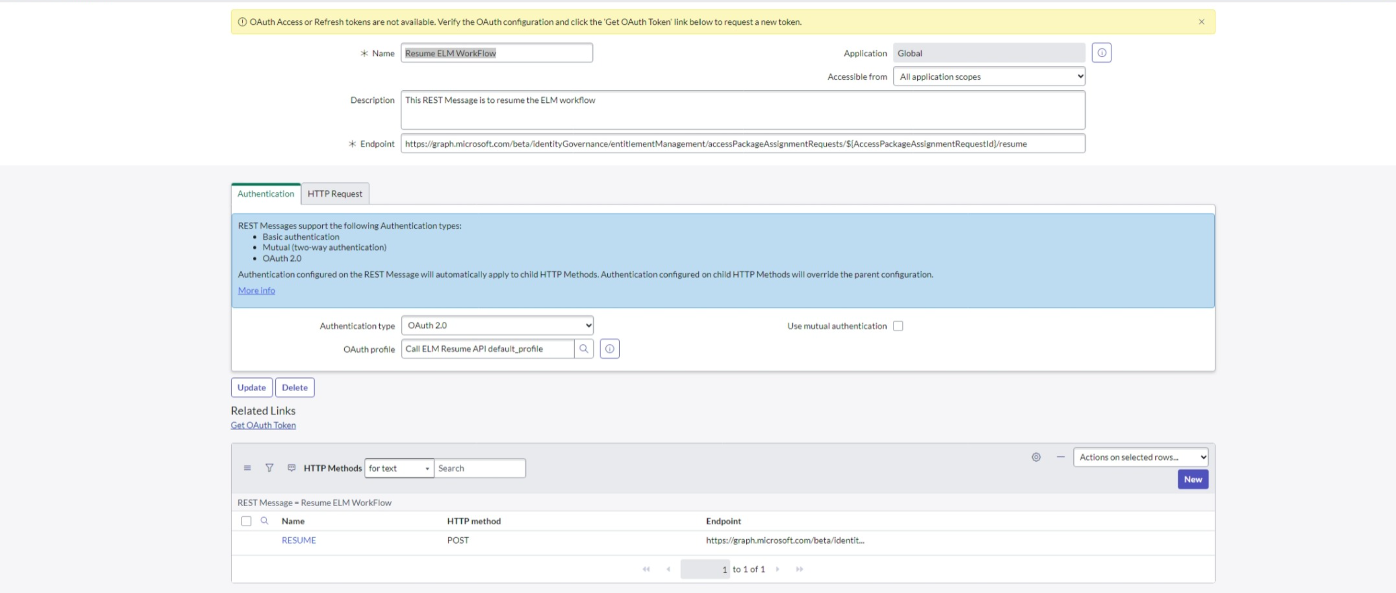 Capture d’écran de la sélection de l’appel de reprise dans ServiceNow.