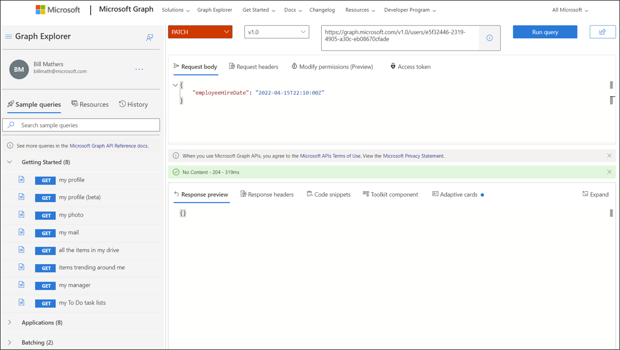 Capture d’écran de PATCH employeeHireDate.