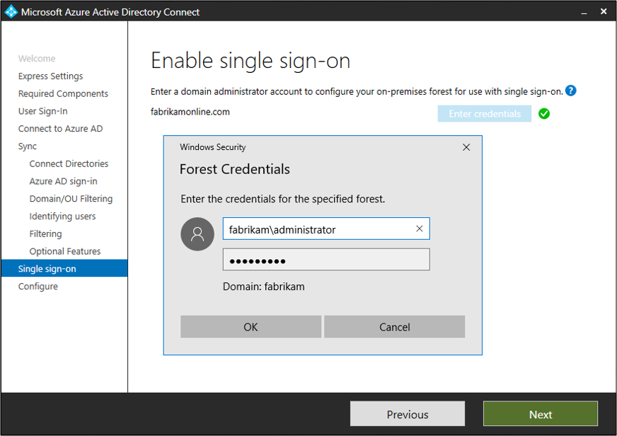 Capture d’écran montrant la page « Activer l’authentification unique ». Les informations d'identification de la forêt sont ajoutées.