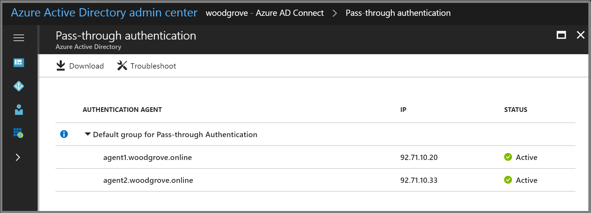 Azure Active Directory admin center: Pass-through Authentication pane