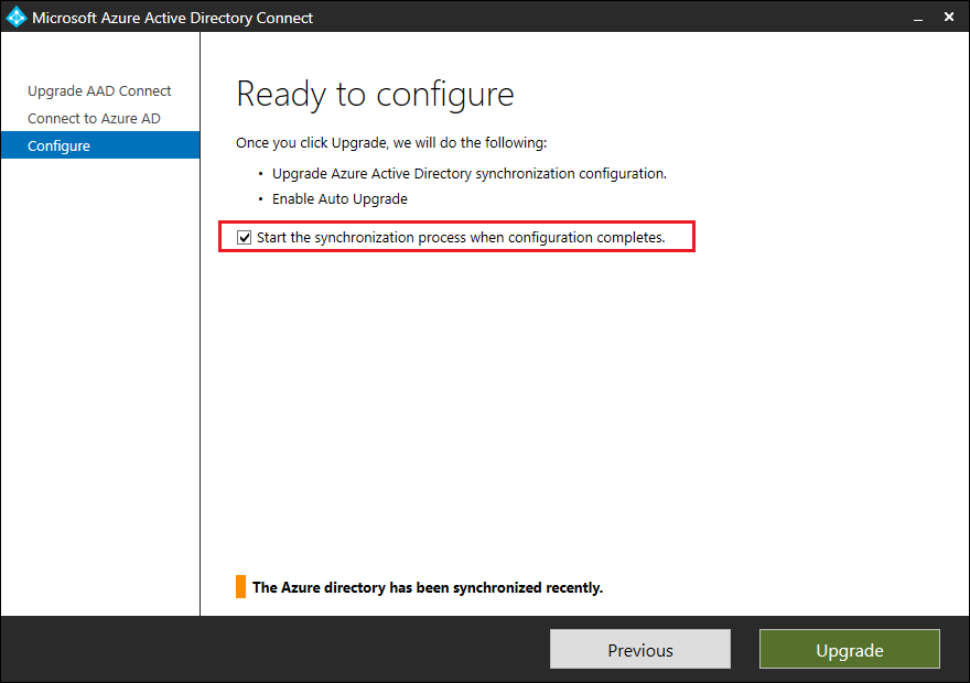 Screenshot that highlights the Start the synchronization process when configuration completes option that you need to clear.