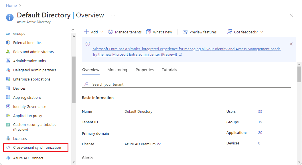 Capture d’écran montrant le lien vers la page vue d’ensemble Azure Active Directory.