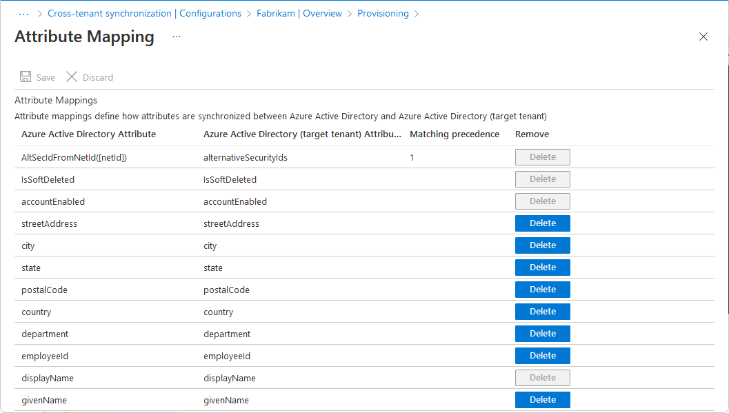 Capture d’écran de la page Mappage d’attributs montrant la liste des attributs Azure Active Directory.