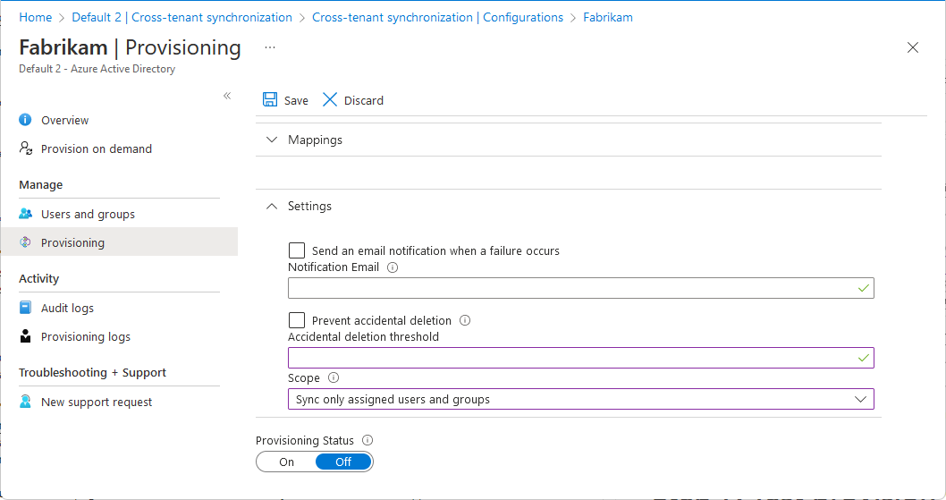 Screenshot of the Provisioning page that shows the Settings section with the Scope and Provisioning Status options.