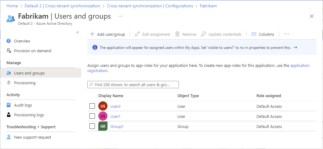 Capture d’écran montrant la page Utilisateurs et groupes avec un utilisateur affecté à la configuration.