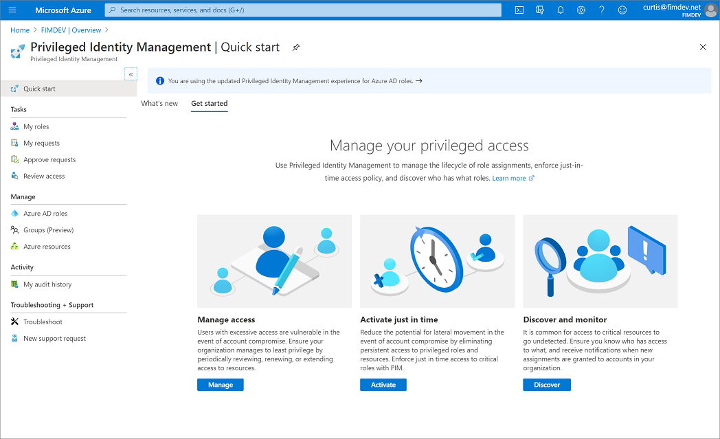 Capture d’écran de Privileged Identity Management dans le portail Azure.