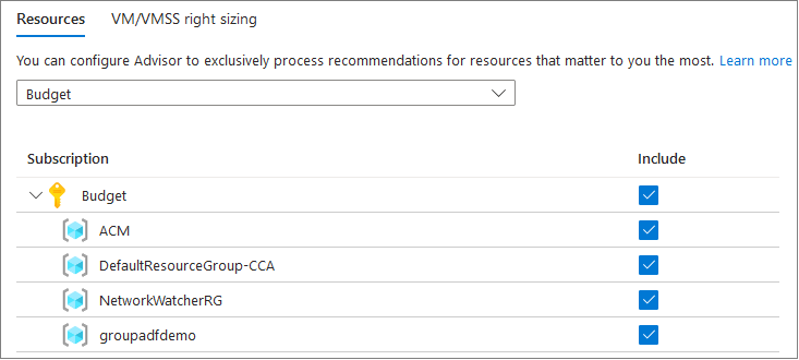 Capture d’écran de l’option de configuration d’Azure Advisor pour les ressources.