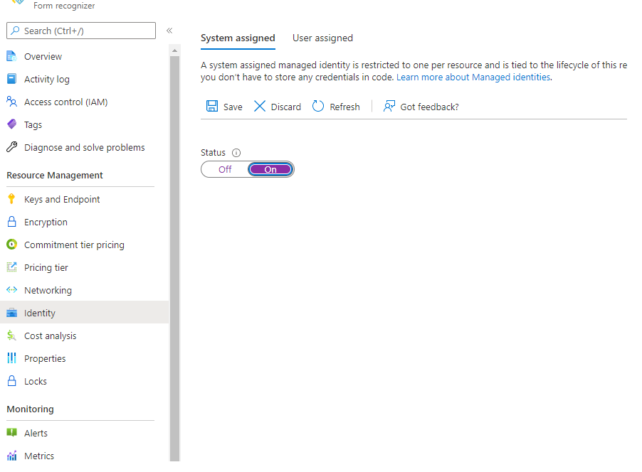 Capture d’écran de la configuration de l’identité managée.