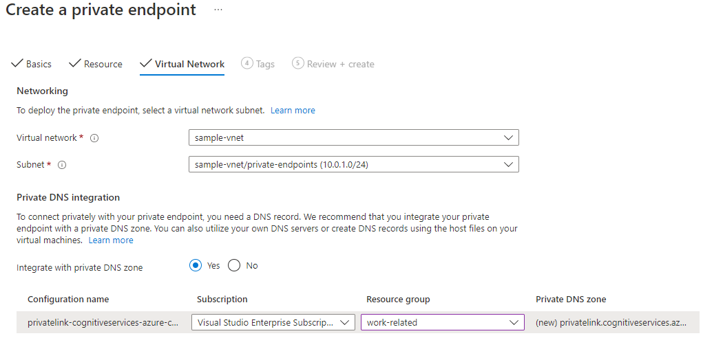 Capture d’écran montrant la façon de configurer un point de terminaison privé