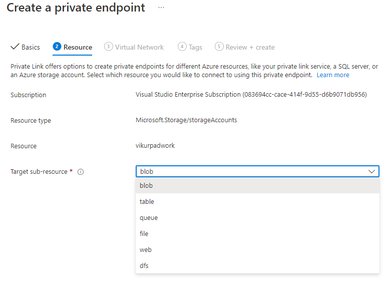 Capture d’écran montrant la façon de configurer un point de terminaison privé pour un blob