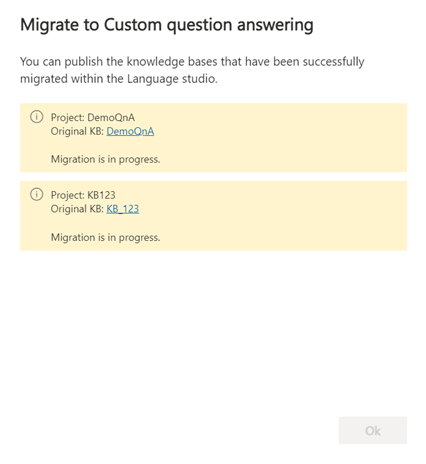 Capture d’écran de bases de connaissances dont la migration a abouti, montrant les informations qu’il est possible de publier à l’aide de Language Studio.