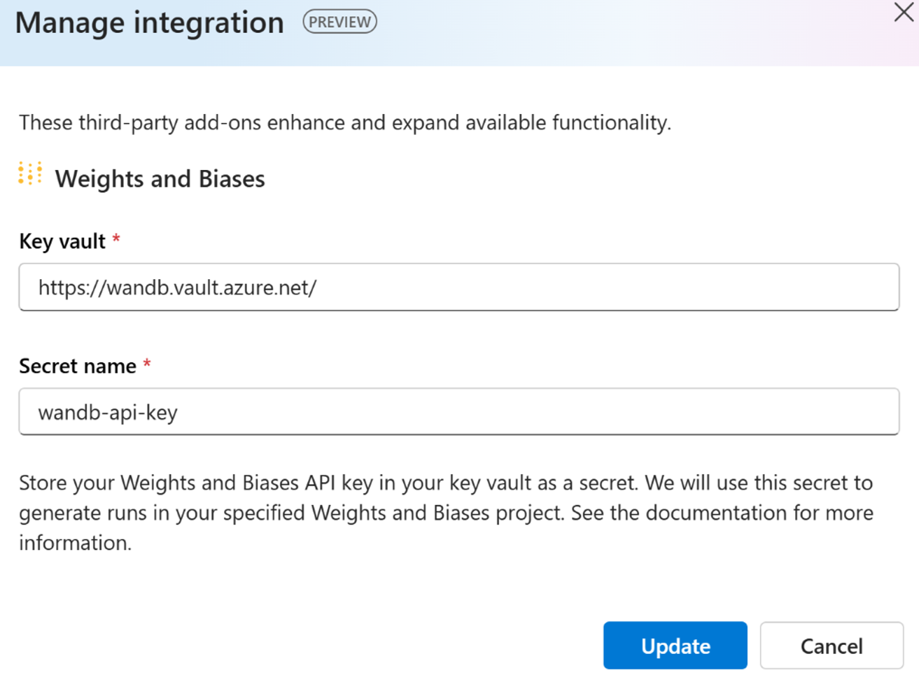Capture d’écran de la gestion des intégrations pour l’expérience utilisateur Weights & Biases.