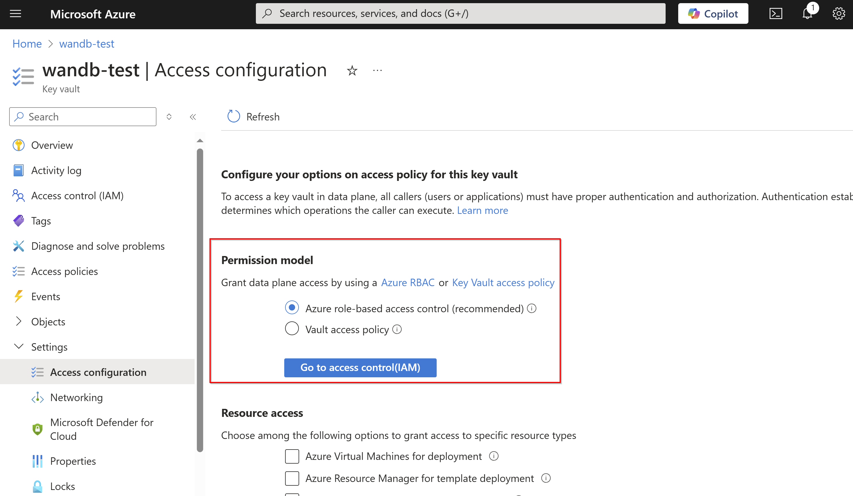 Capture d’écran de l’interface utilisateur de la configuration d’accès au coffre de clés.