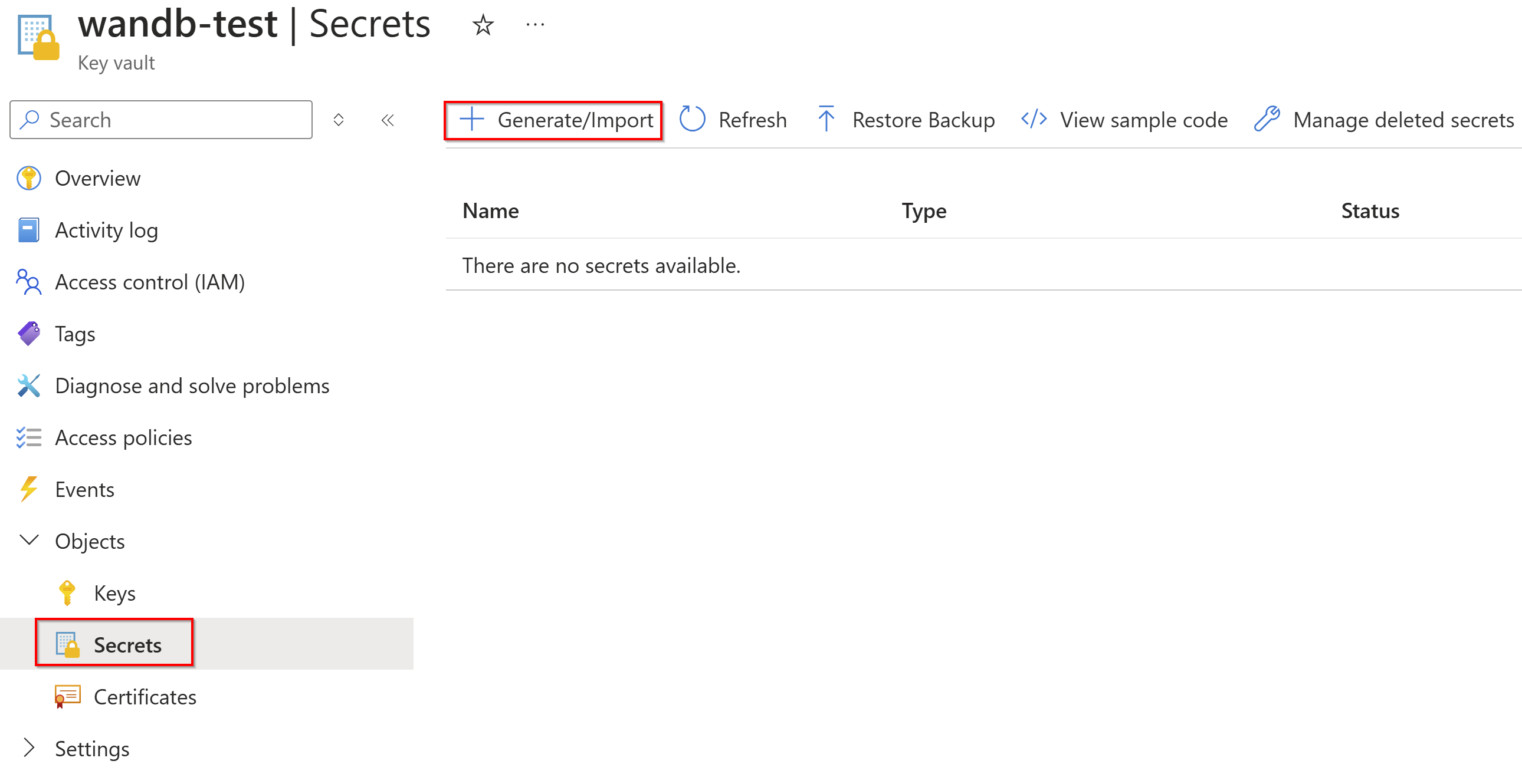Capture d’écran de l’interface utilisateur des secrets Key Vault.