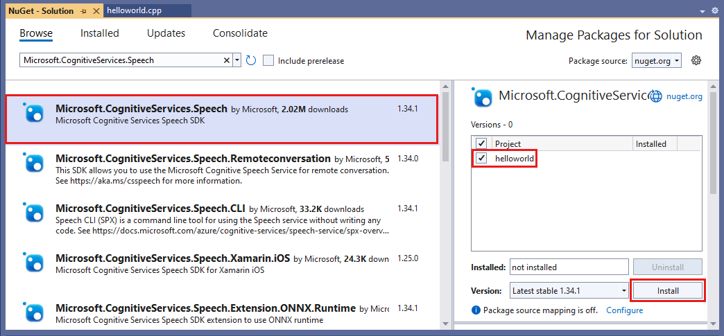 Capture d’écran illustrant la sélection du package Microsoft.CognitiveServices.Speech, avec le projet et le bouton Installer en surbrillance.