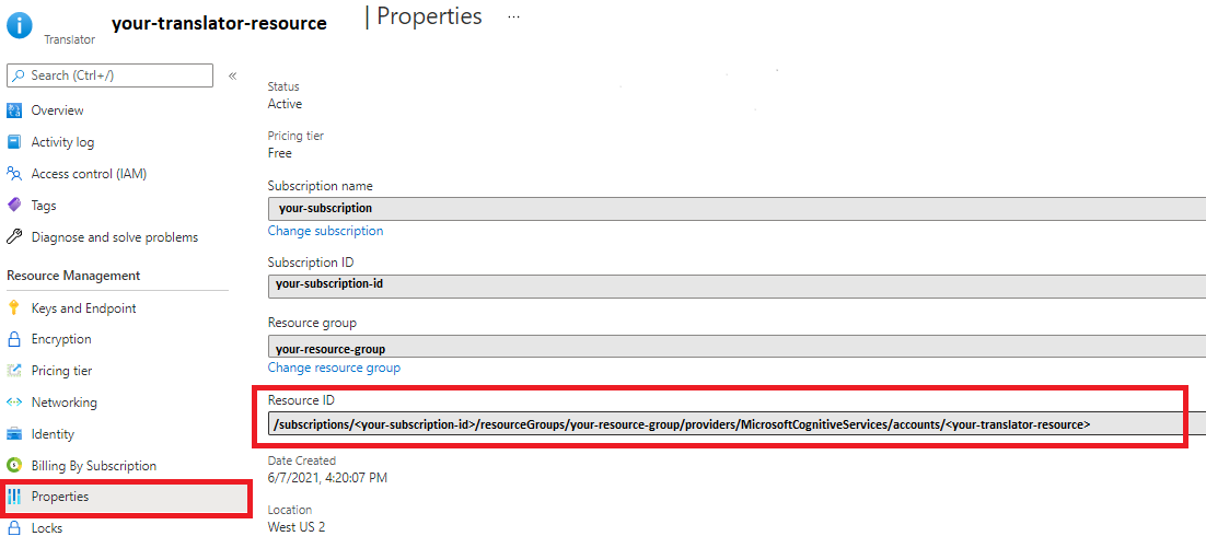 Screenshot:Translator properties page in the Azure portal. 