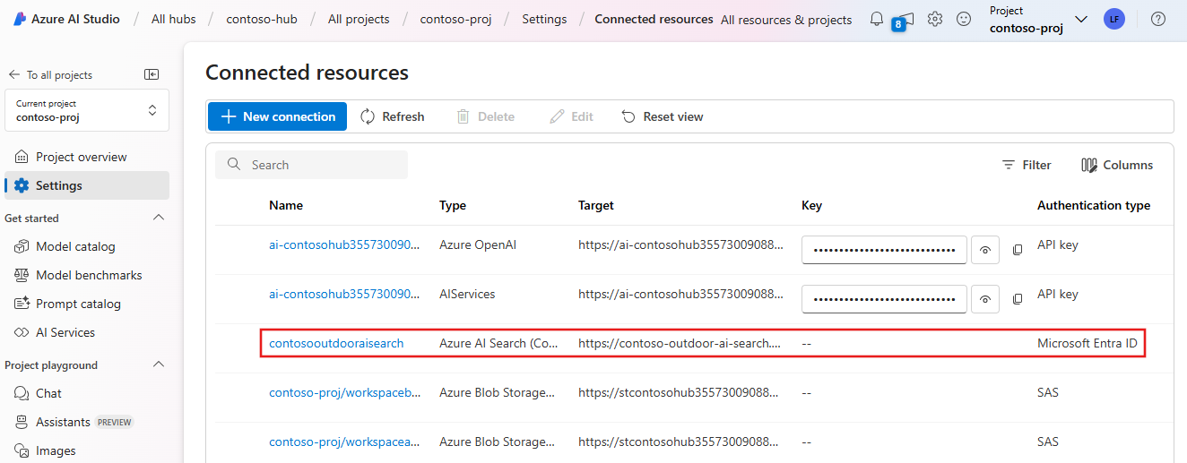 Capture d’écran de toutes les connexions après l’ajout de la connexion Recherche Azure AI.