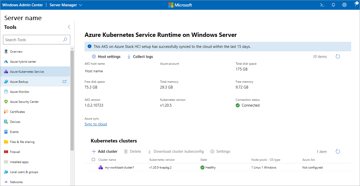 Capture d’écran montrant le tableau de bord de l’outil Azure Kubernetes Service.