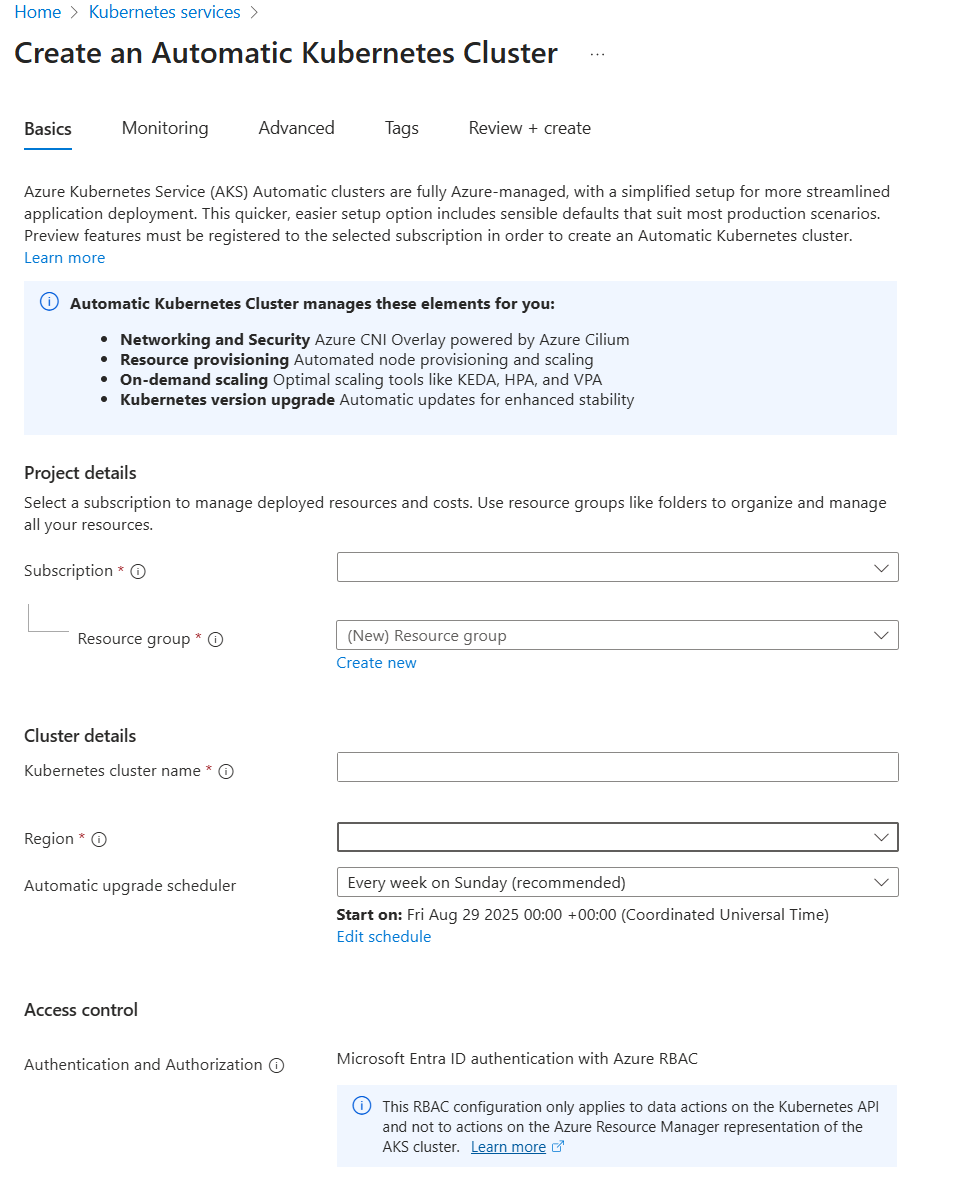 Capture d’écran de l’onglet Créer – Informations de base pour un cluster AKS Automatic dans le portail Azure.