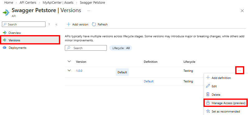 Capture d’écran de l’association d’une configuration d’authentification à une version d’API dans le portail.