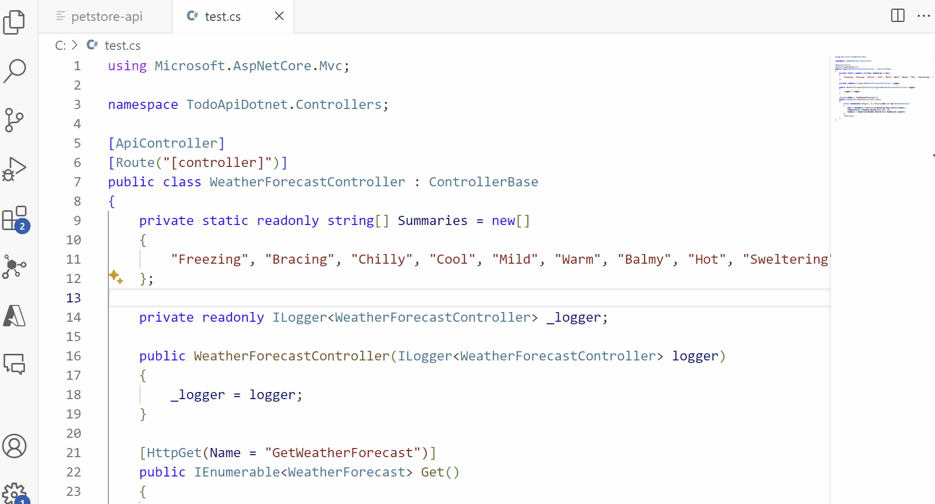 Animation illustrant comment utiliser GitHub Copilot pour générer une spécification OpenAPI à partir du code.