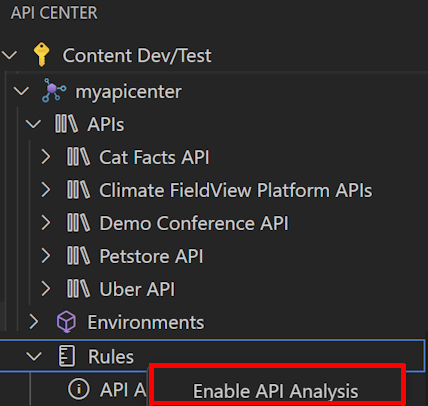 Capture d’écran de l’activation du linting et de l’analyse des API dans Visual Studio Code.