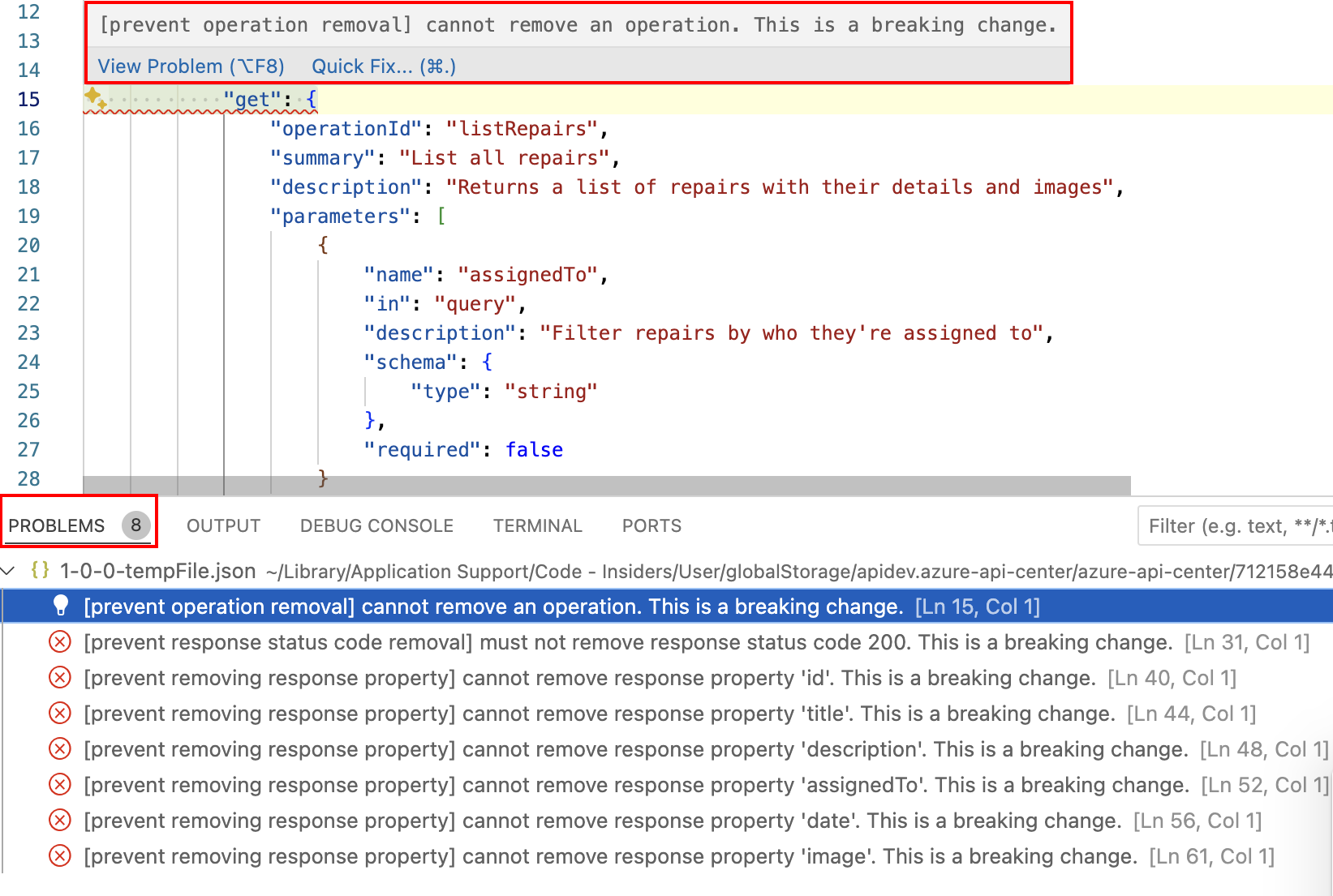 Capture d’écran des changements cassants détectés dans Visual Studio Code.