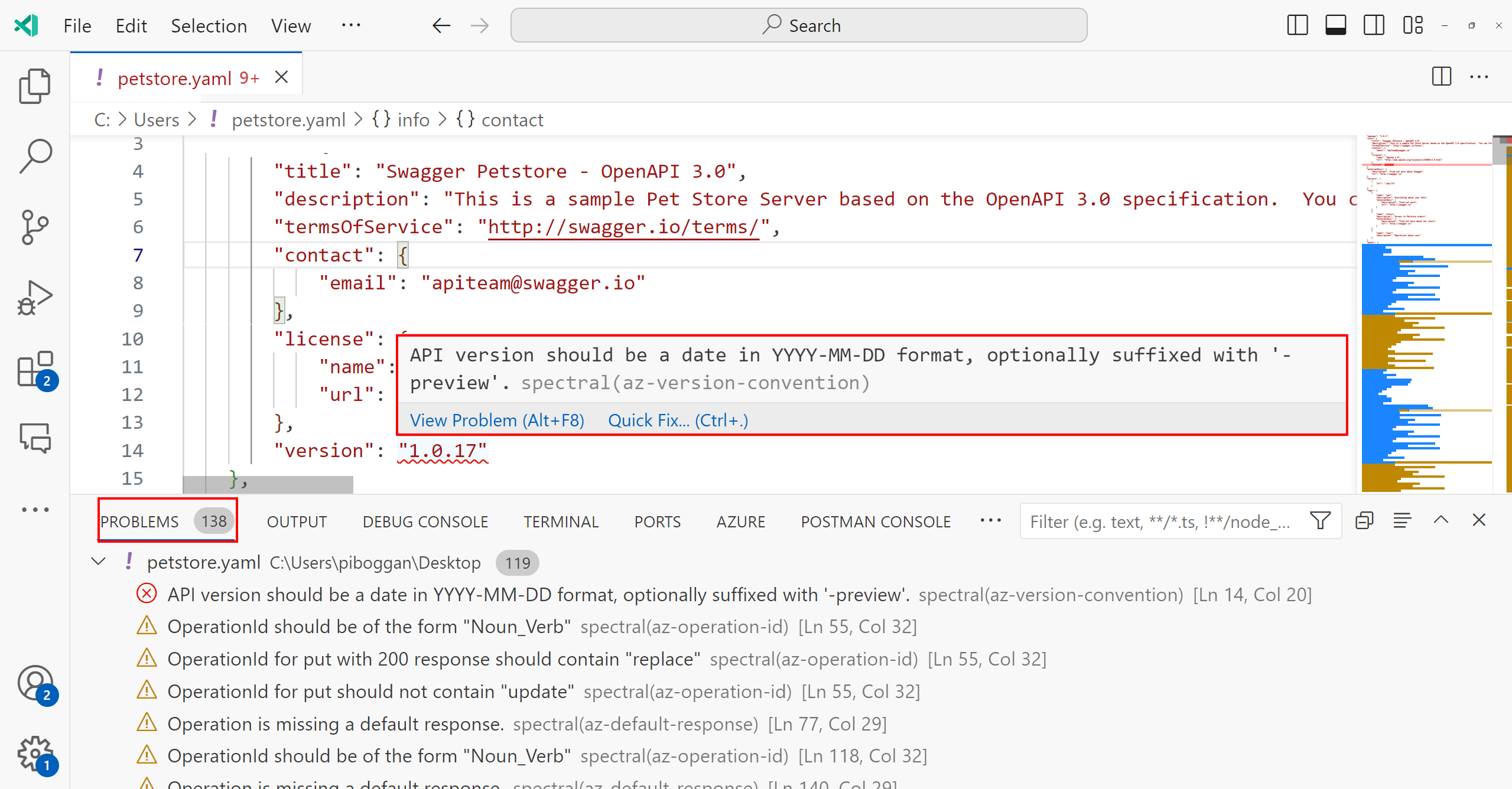 Capture d'écran du peluchage local dans Visual Studio Code.