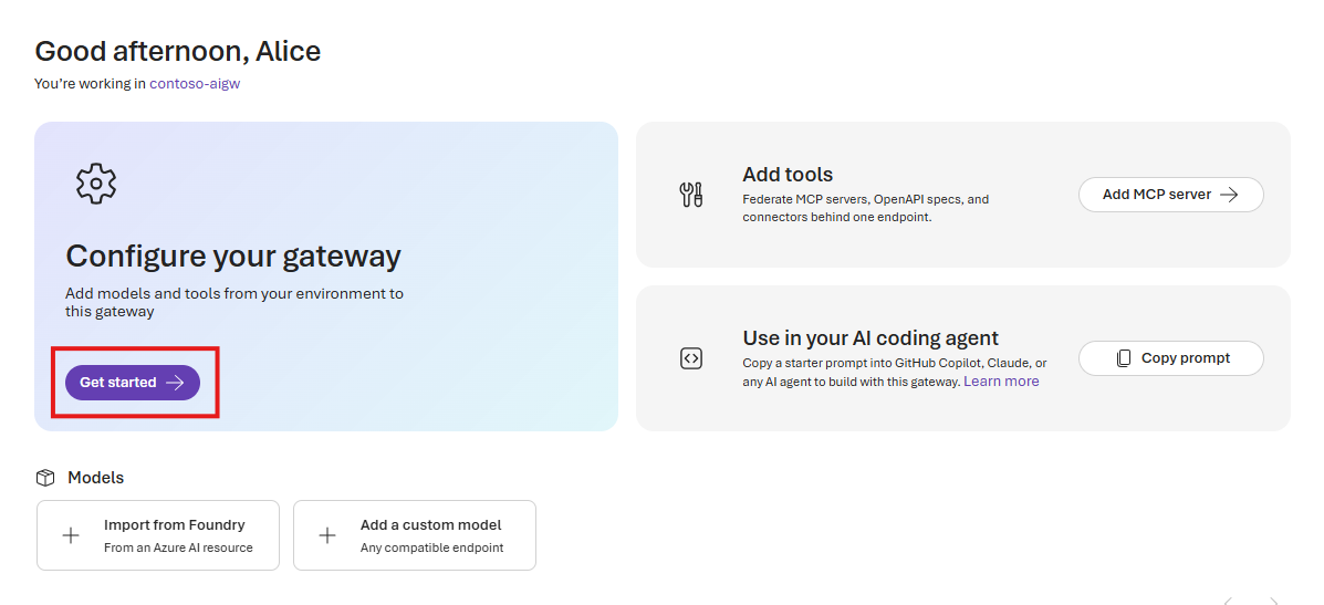 Capture d’écran du portail de niveau IA Gateway dans une ressource nouvellement créée.