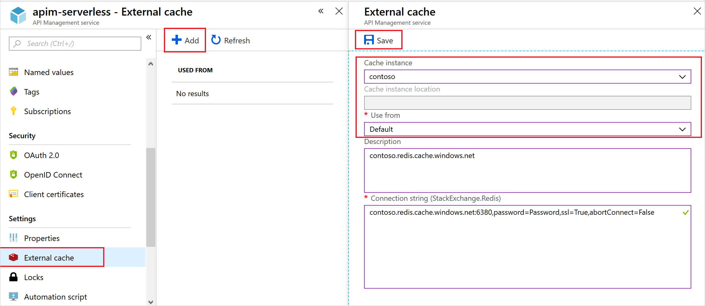 Capture d’écran montrant comment ajouter une compte Azure Cache pour Redis externe dans Gestion des API Azure.