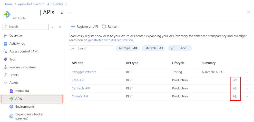 Instance du Centre d’API dans le portail Azure avec des API mises en évidence dans le menu de gauche et des icônes de lien mises en évidence dans le volet principal