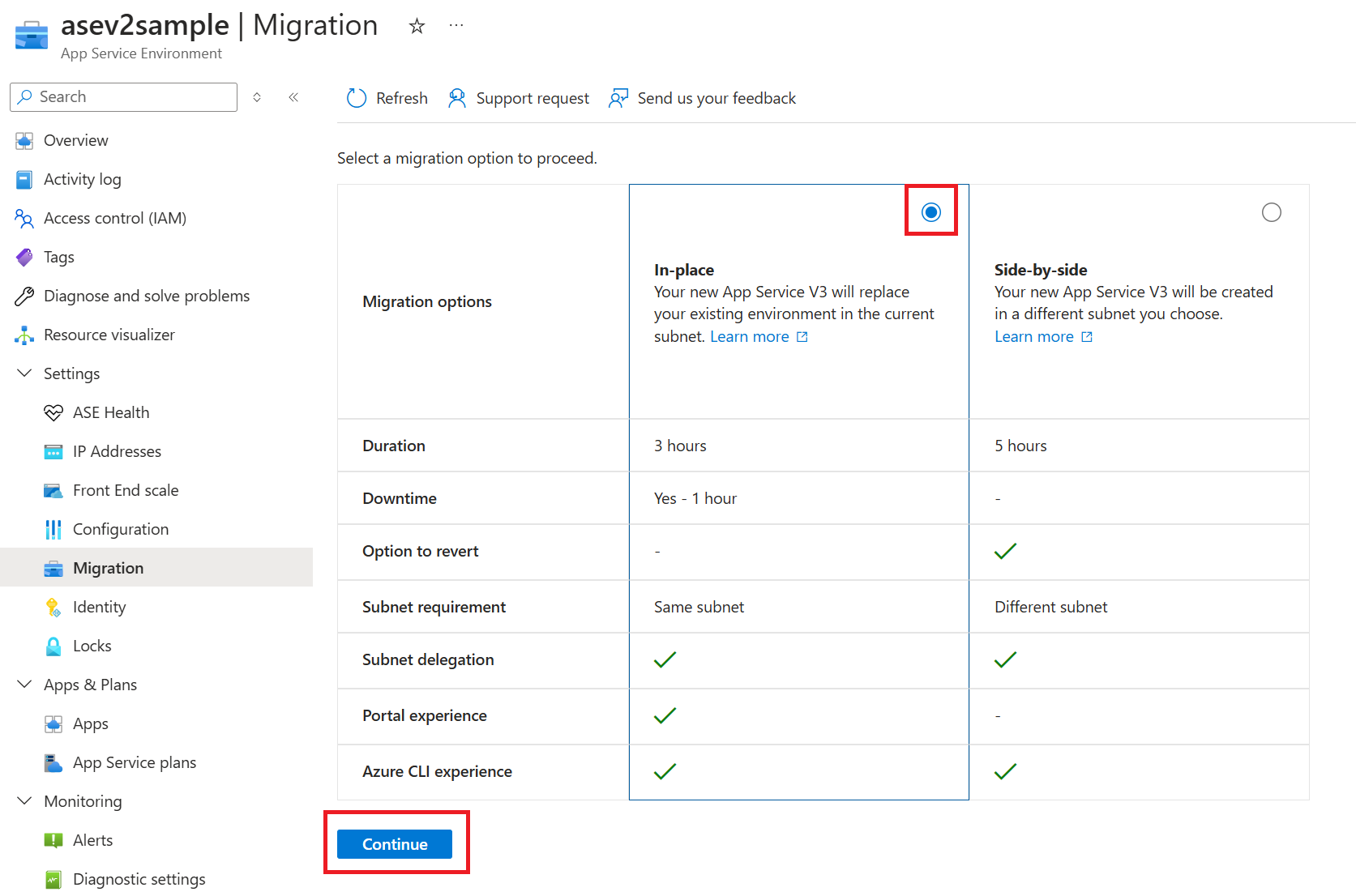 Capture d’écran montrant le tableau des options de migration.