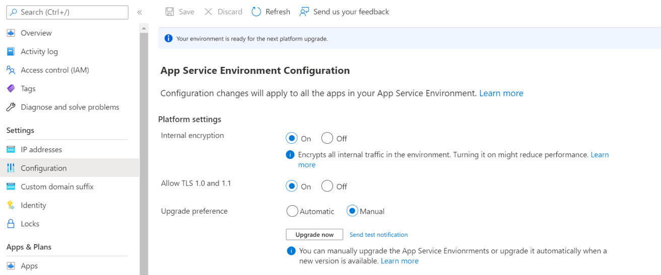 Capture d’écran d’un volet de configuration pour démarrer la mise à niveau pour l’environnement App Service.