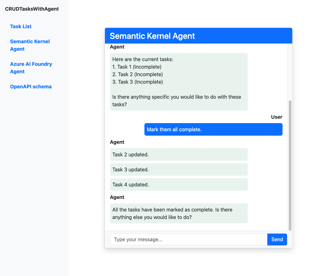 Capture d’écran d’une session de complétion de discussion avec un agent du noyau sémantique.