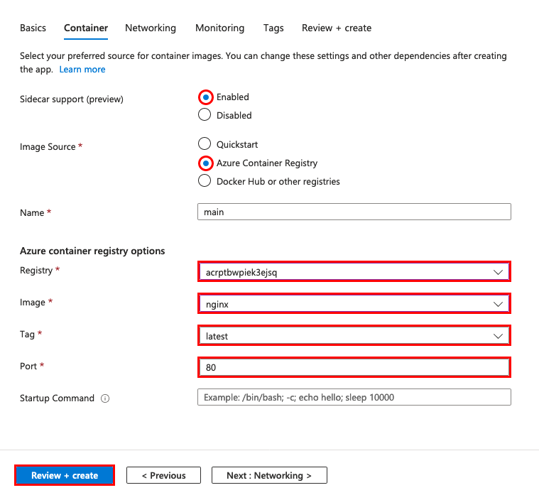 Capture d’écran montrant l’Assistant Création d’application web et les paramètres de l’image conteneur et la prise en charge de sidecar mis en surbrillance.