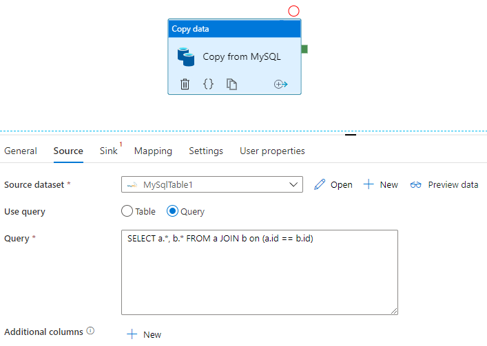 Capture d’écran montrant une requête MySQL dans Data Factory.