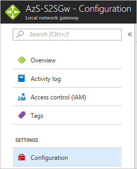 Capture d’écran montrant l’option de configuration de la passerelle dans une passerelle de réseau local Azure Stack Hub.