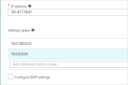 Capture d’écran montrant un espace d’adressage point à site dans la passerelle de réseau local Azure Stack Hub.