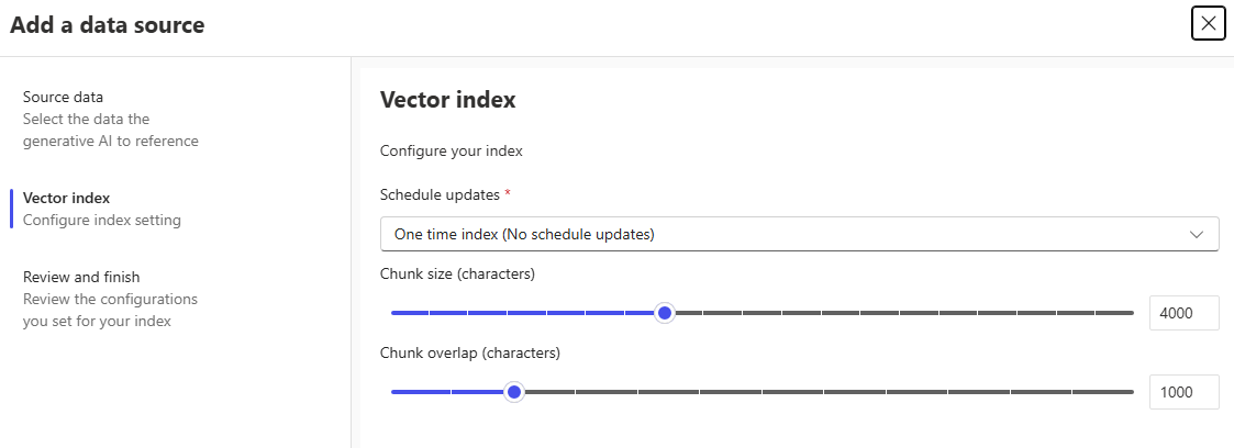 Capture d’écran de l’onglet d’index vectoriel où vous configurez la taille et le chevauchement de segments.