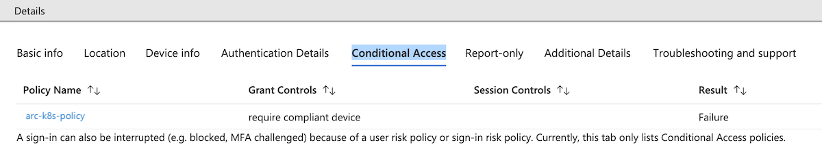 Capture d’écran montrant une entrée de connexion ayant échoué dans le Portail Azure.