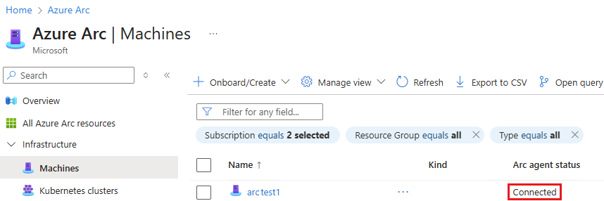 Capture d’écran montrant une connexion de machine réussie dans le portail Azure.