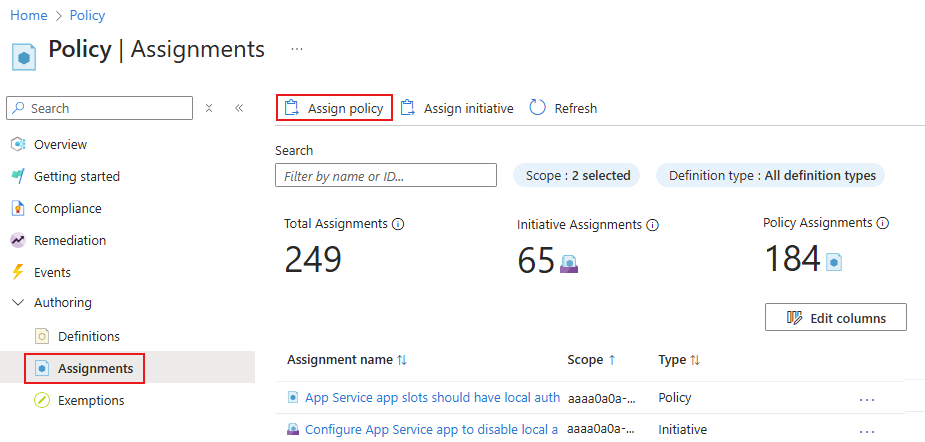 Capture d’écran de la page Affectations de stratégie dans le portail Azure.