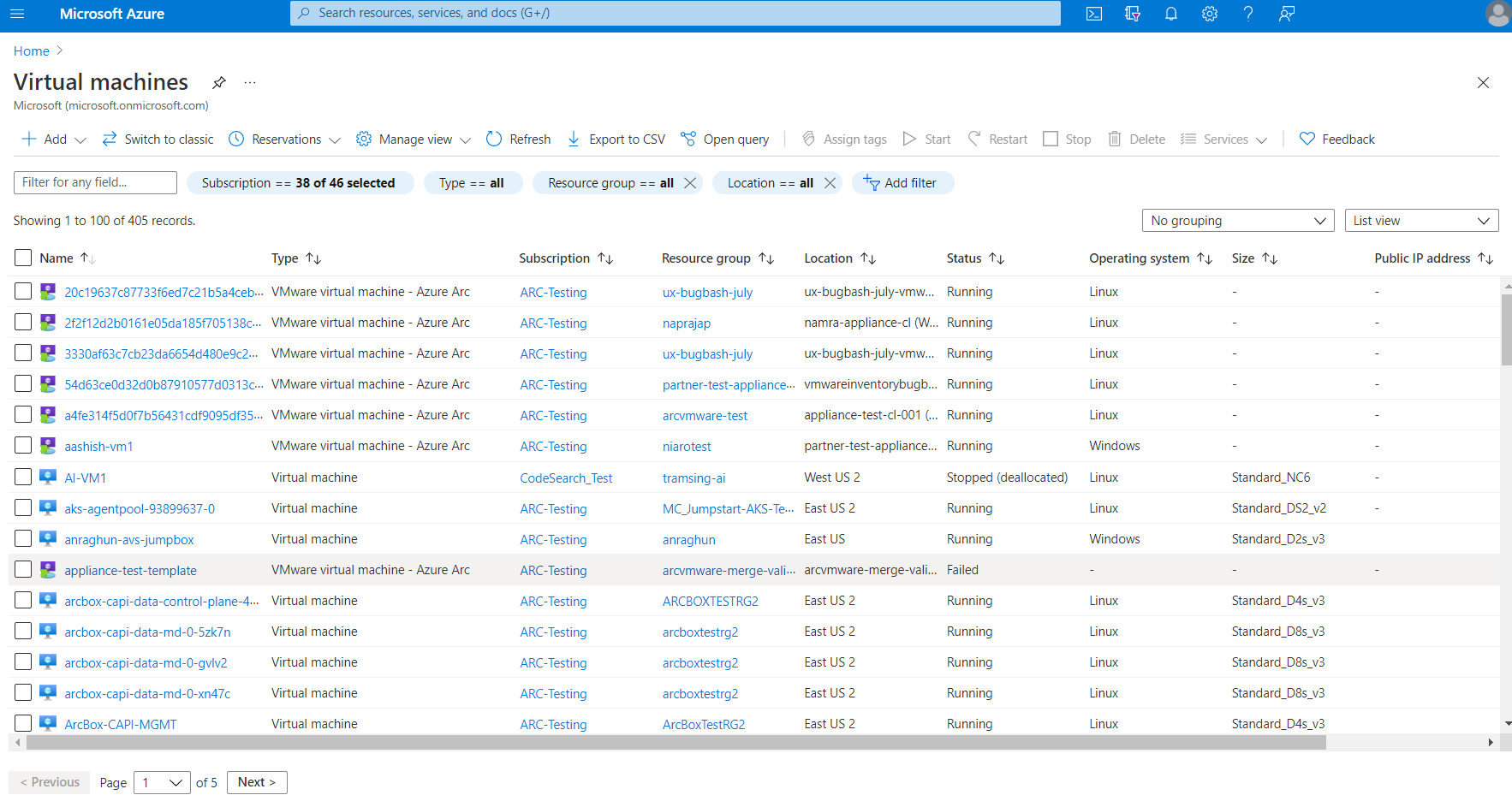 Screenshot showing the unified browse experience for Azure and Arc virtual machines.